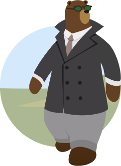 A bear wears sunglasses, a black trenchcoat, and a tie, with his collar popped